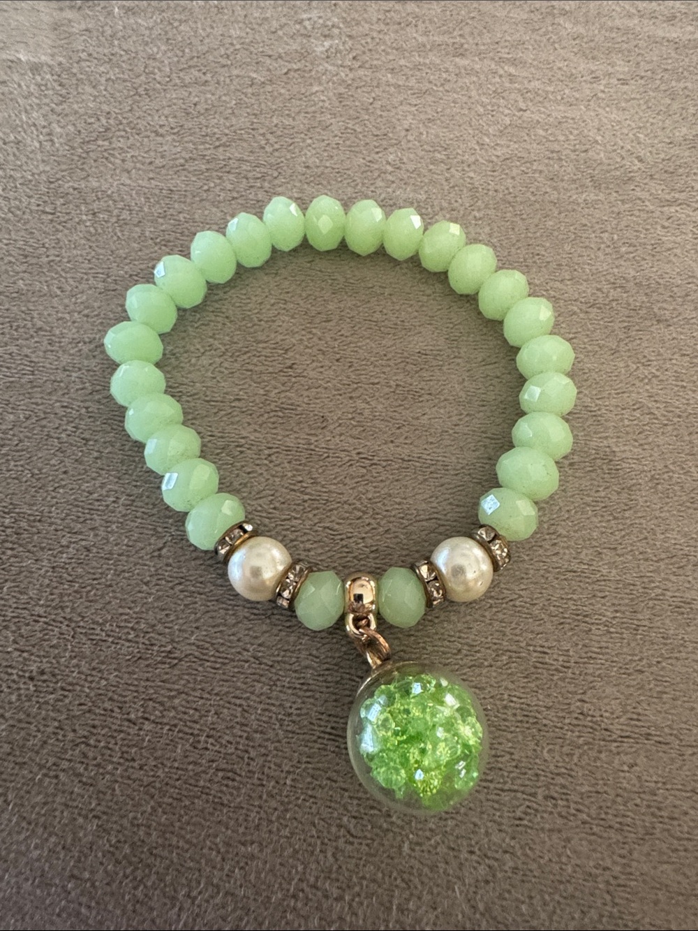 Green Beaded Charm Bracelet with Glass Orb Accent